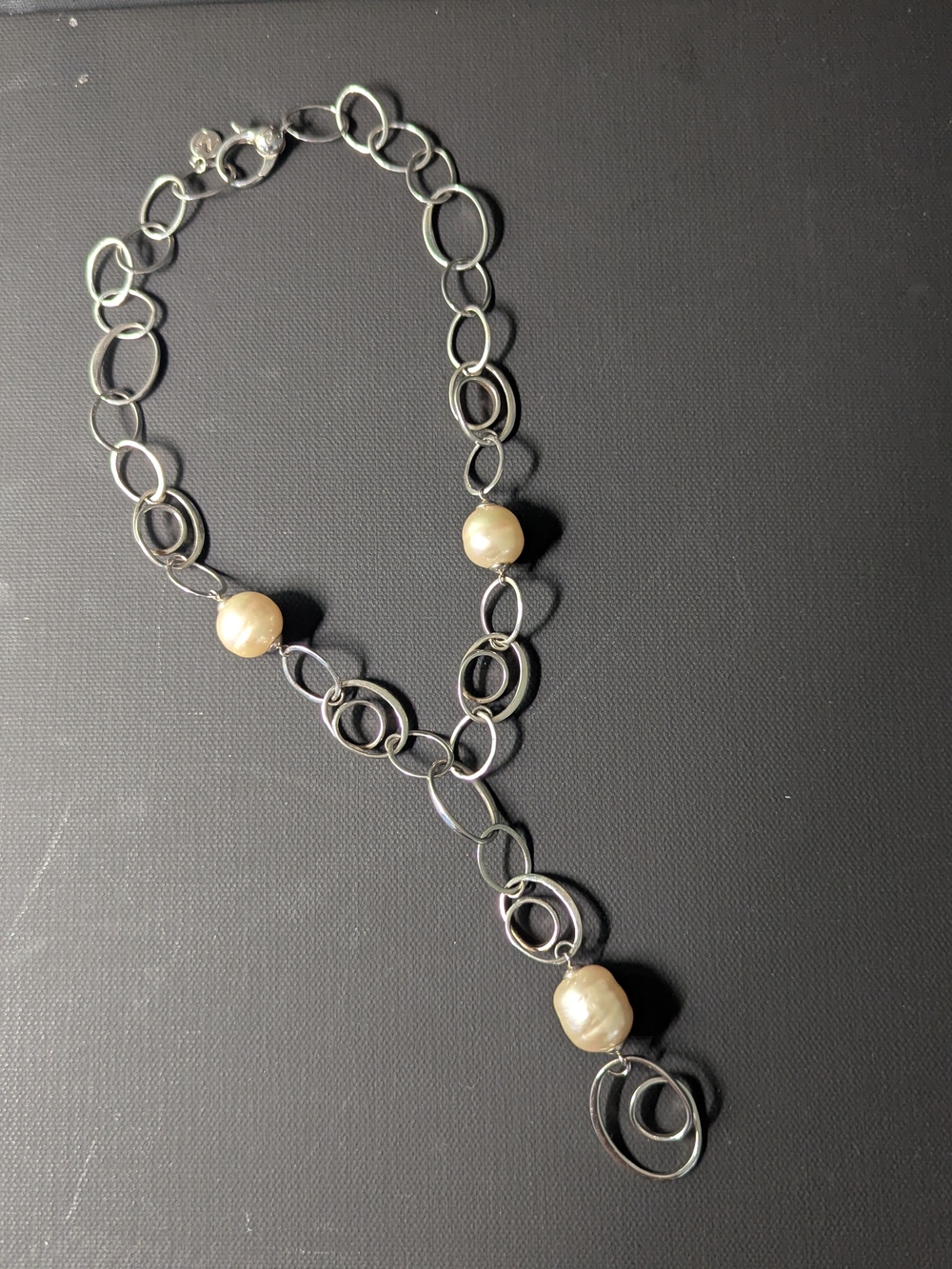 Vintage Sterling Silver Linked Y-Necklace with Baroque Pearl Accents